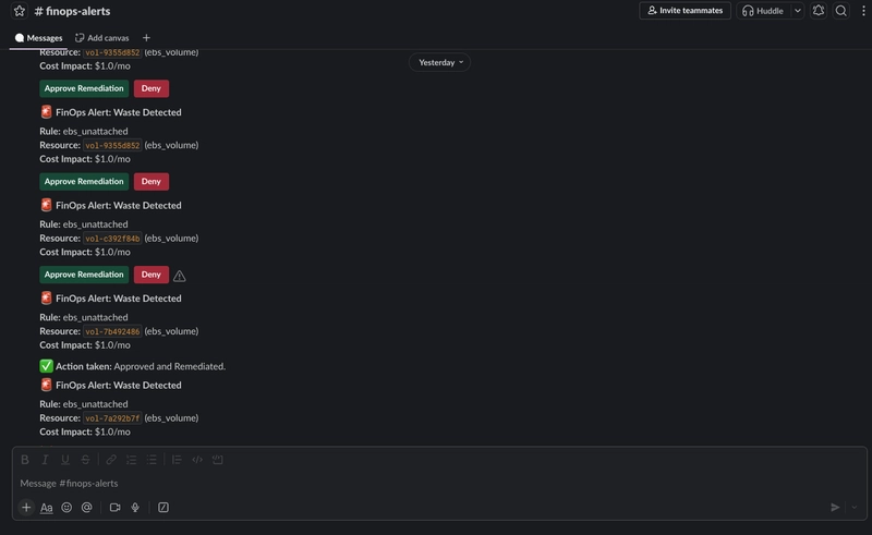 A Slack interface screenshot showing an interactive bot message asking permission to approve remediation for an EBS volume with primary and deny buttons