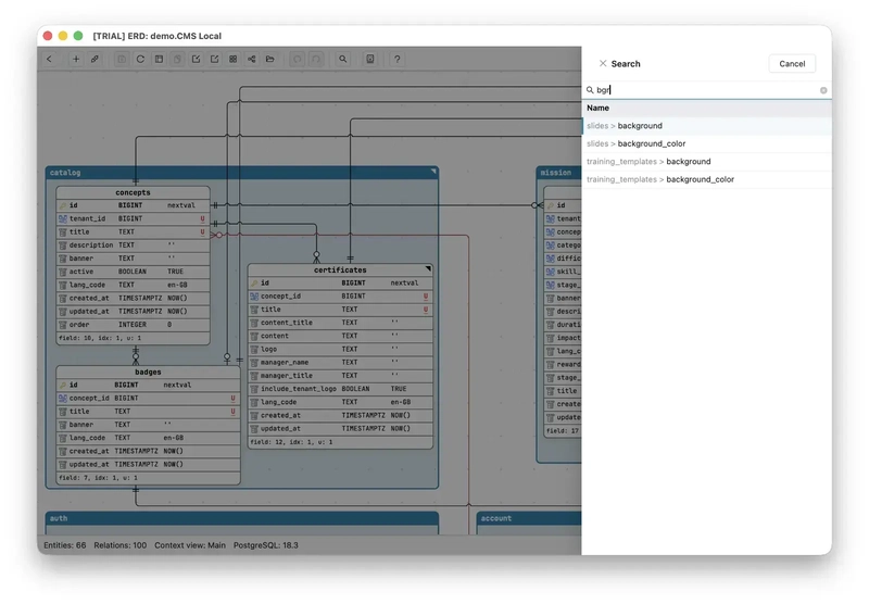 Schemity's fuzzy search panel over the CMS schema: typing the fragment bgr instantly surfaces slides > background, slides > background_color, training_templates > background and training_templates > background_color