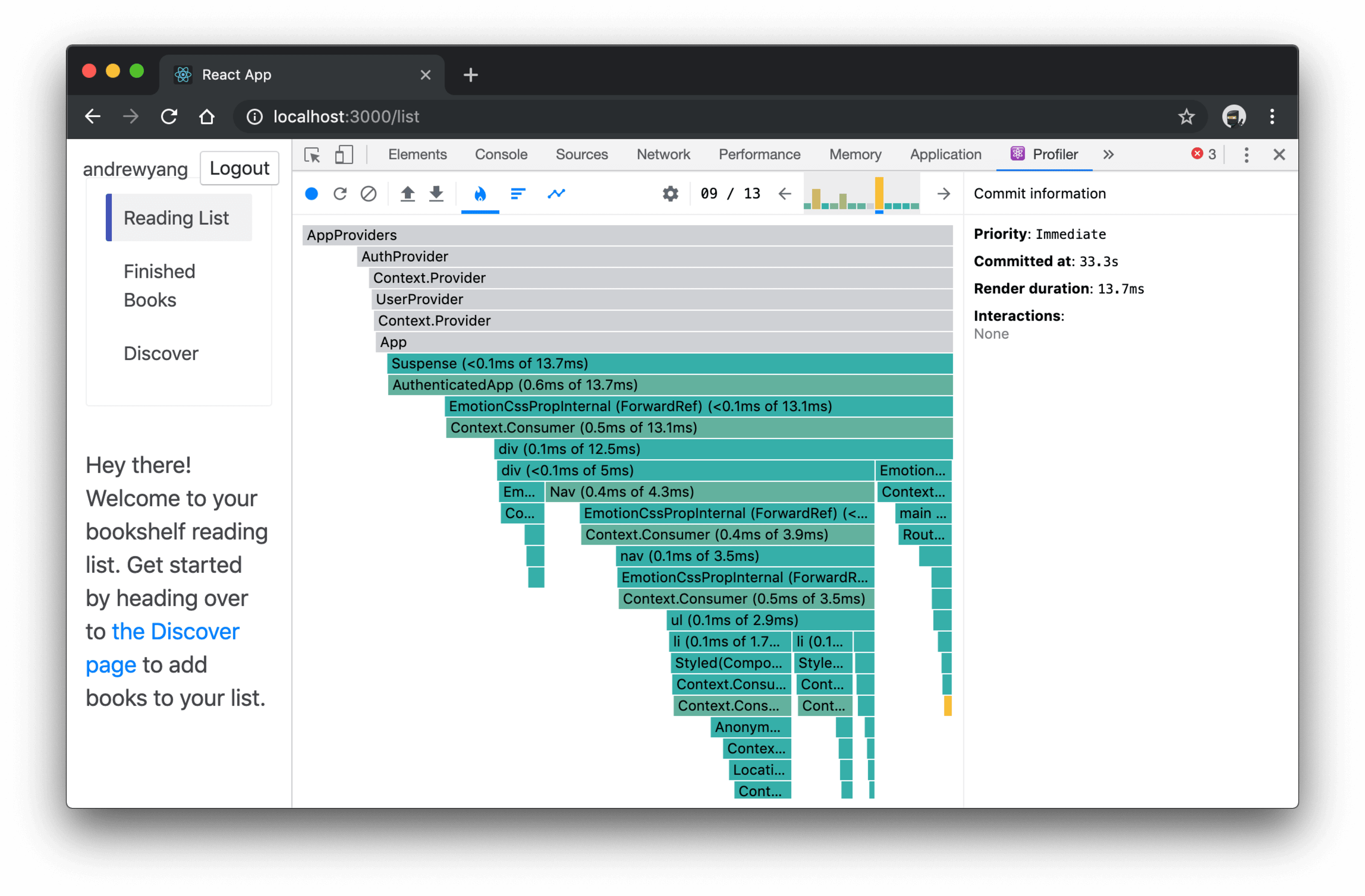 bookshelf app with React DevTools Profile tab showing a flamegraph