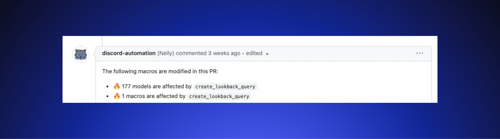 A Github comment from “Discord-Automation” explaining which macros and models have been affected by a submitted PR.
