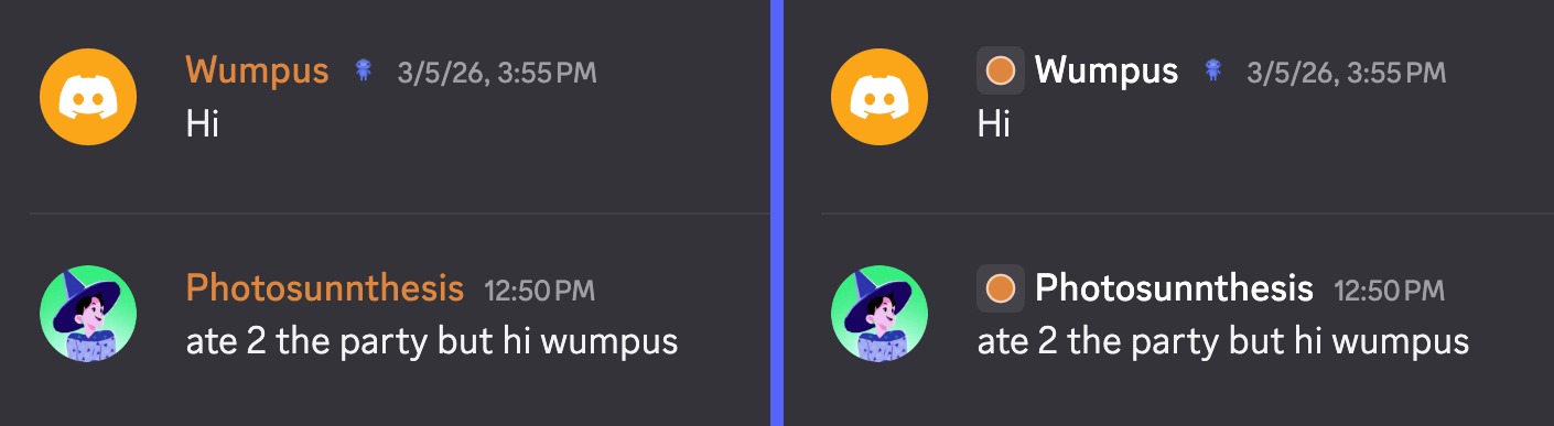 Comparison between putting role colors in a username vs a role dot.