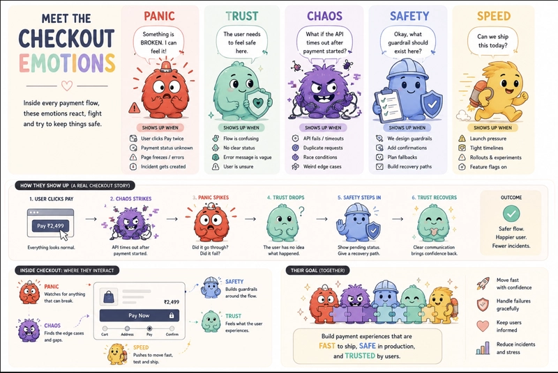 Concept board for five colorful checkout emotion characters named Panic, Trust, Chaos, Safety, and Speed, showing how each emotion appears during a payment flow