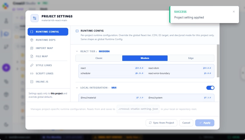 CrossUI Studio — visual IDE for React and MUI