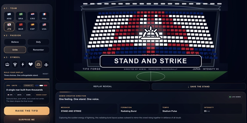 Tifo Forge interface showing Japan, Unite, and Dawn selected, alongside a completed red and white stadium tifo, the chant “STAND AND STRIKE,” and a Gemini creative direction panel with formation, tempo, and intensity.