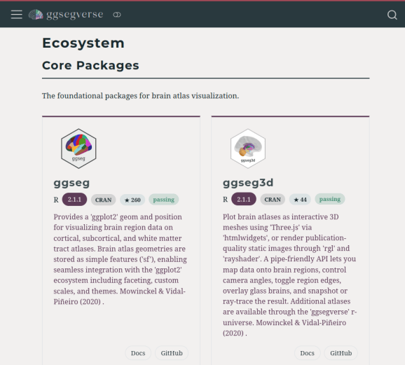 Screenshot of the ggsegverse website, with informative package cards