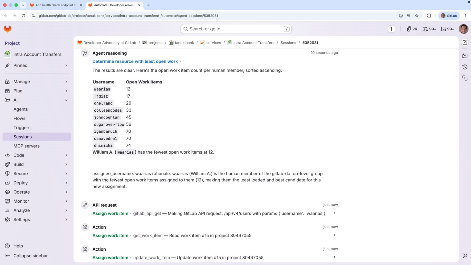 First agent responds with count of open work items for each user in top group