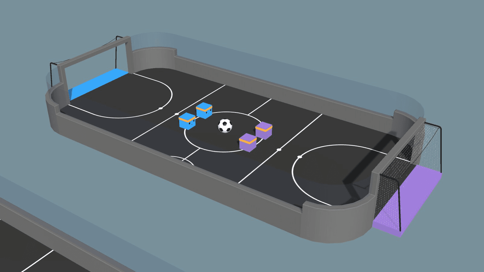 Picture of square MLA soccer demonstration with a 3d rendering of a soccer arena