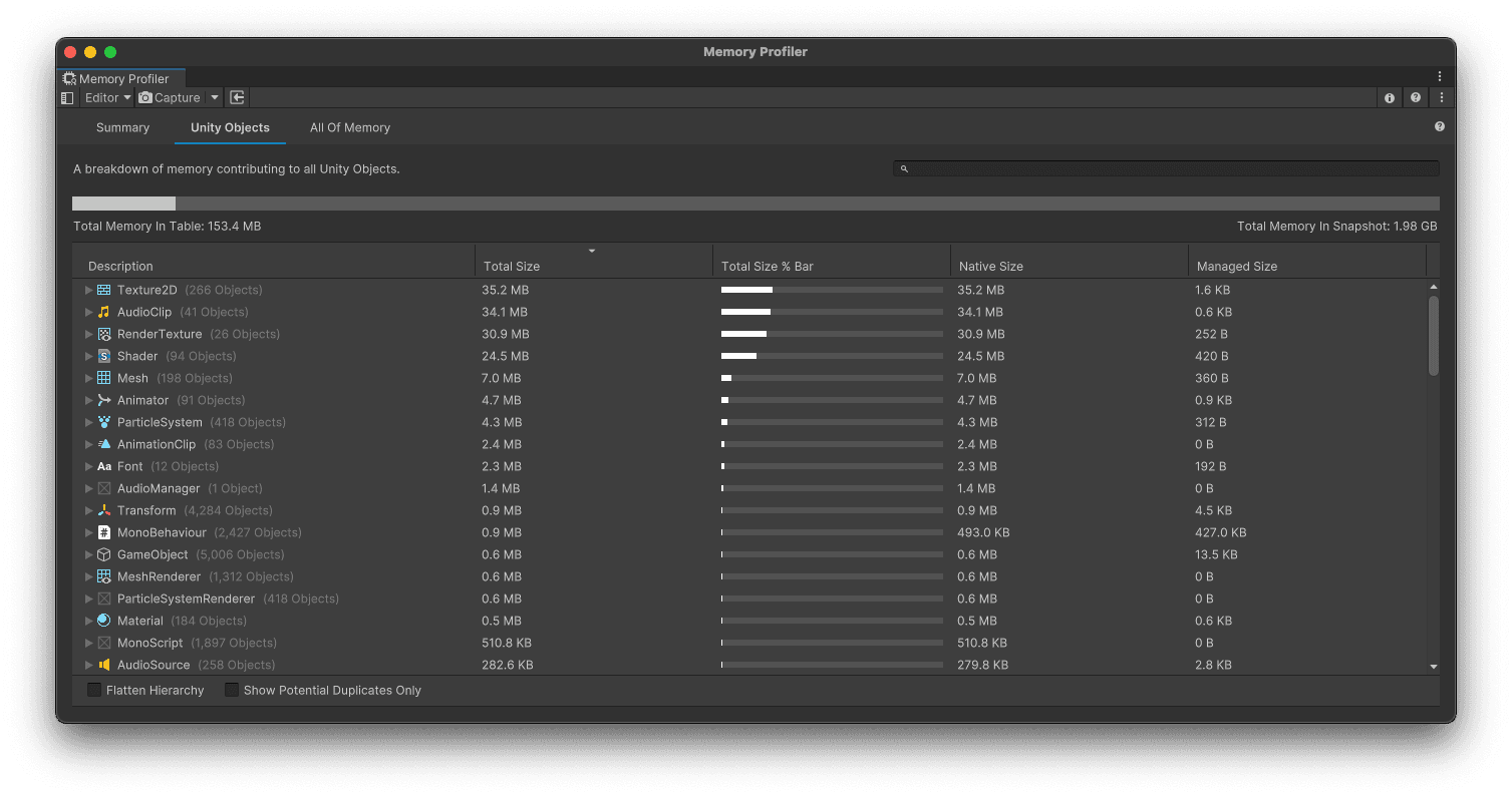 The Unity Objects view.