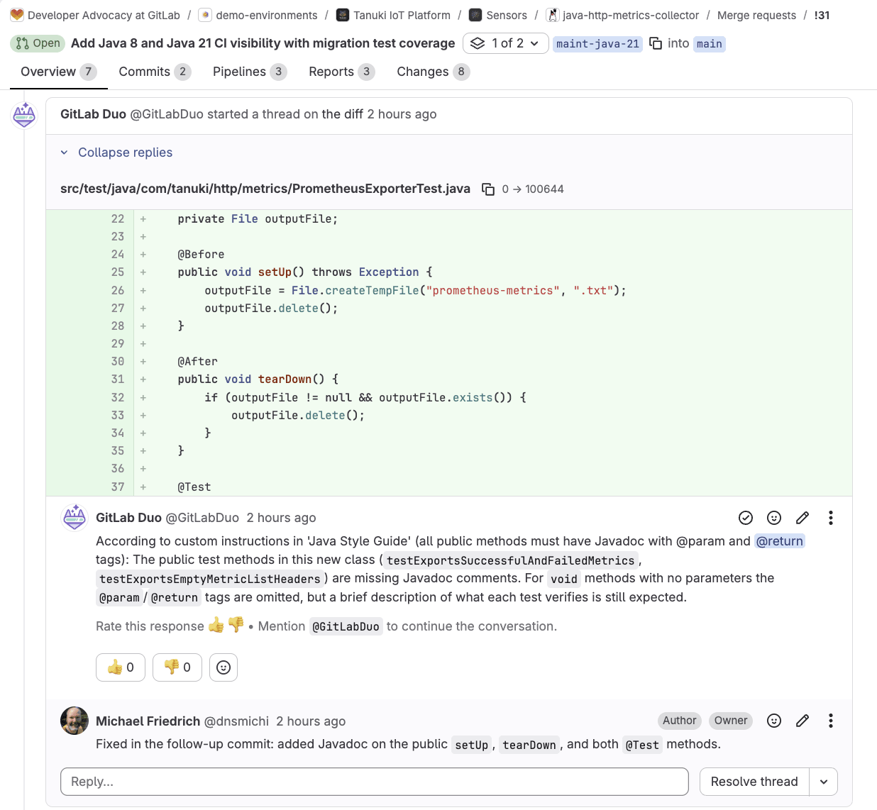 GitLab merge request with addressed code review comments