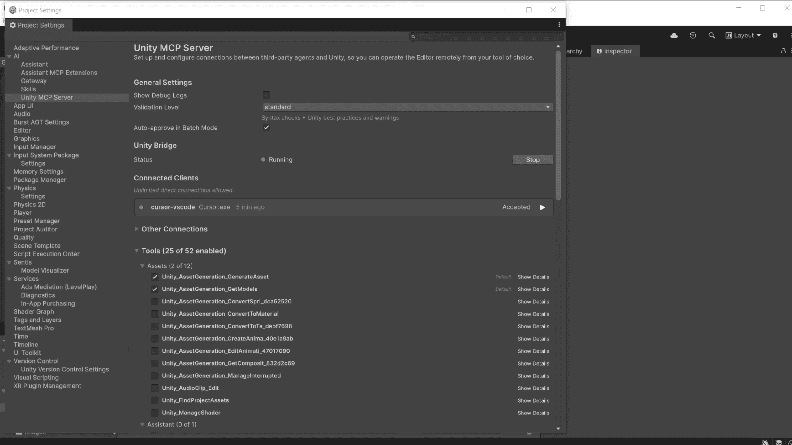 Unity's MCP Server open in the Unity Editor. A user verifies that the Unity Bridge is running.