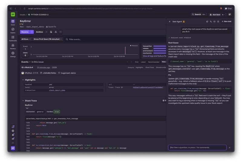 Seer agent root cause and suggested fix for the KeyError issue