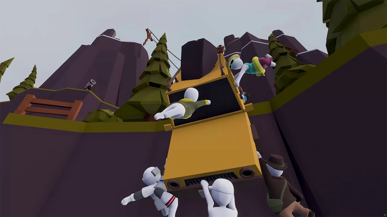 Players cling onto a vehicle in Human Fall Flat