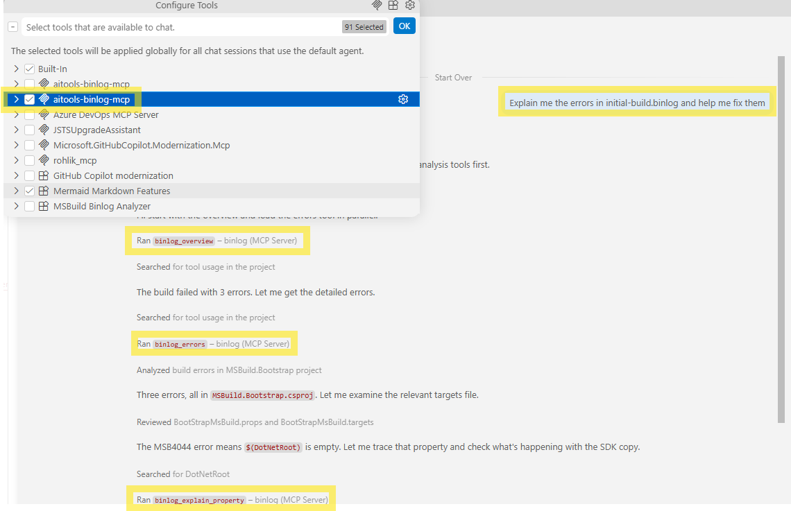GitHub Copilot in VS Code agent mode calling binlog MCP tools to diagnose an MSB4044 build failure