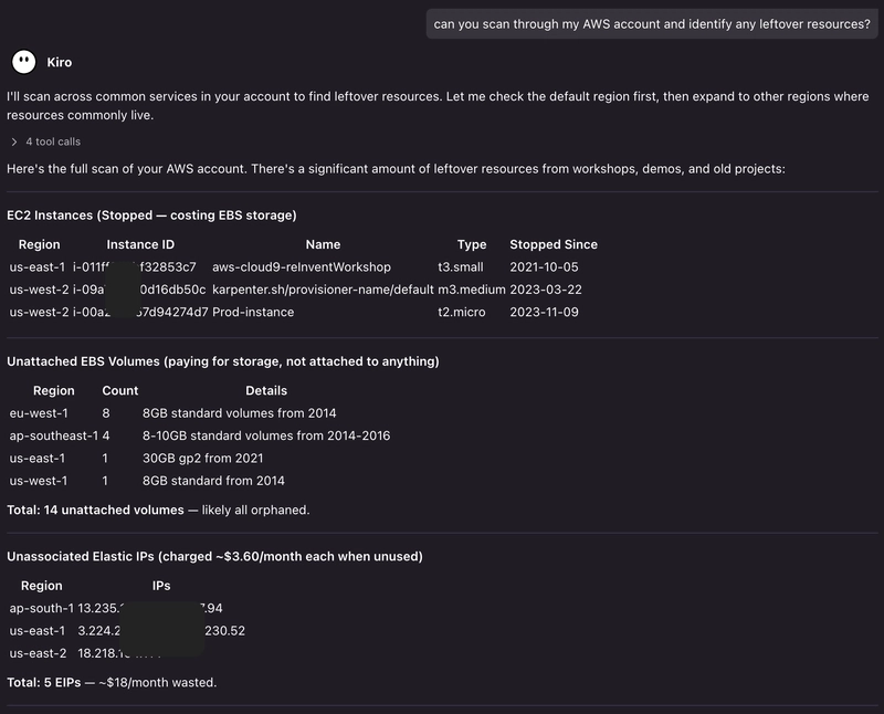 The agent scanning common AWS services for leftover resources, starting in the default region and then expanding to the others