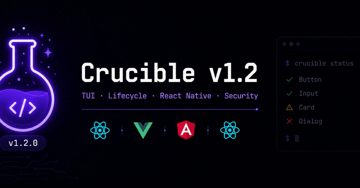 Crucible v1.2 — Interactive TUI, Component Lifecycle Commands, React Native, and Security Hardening