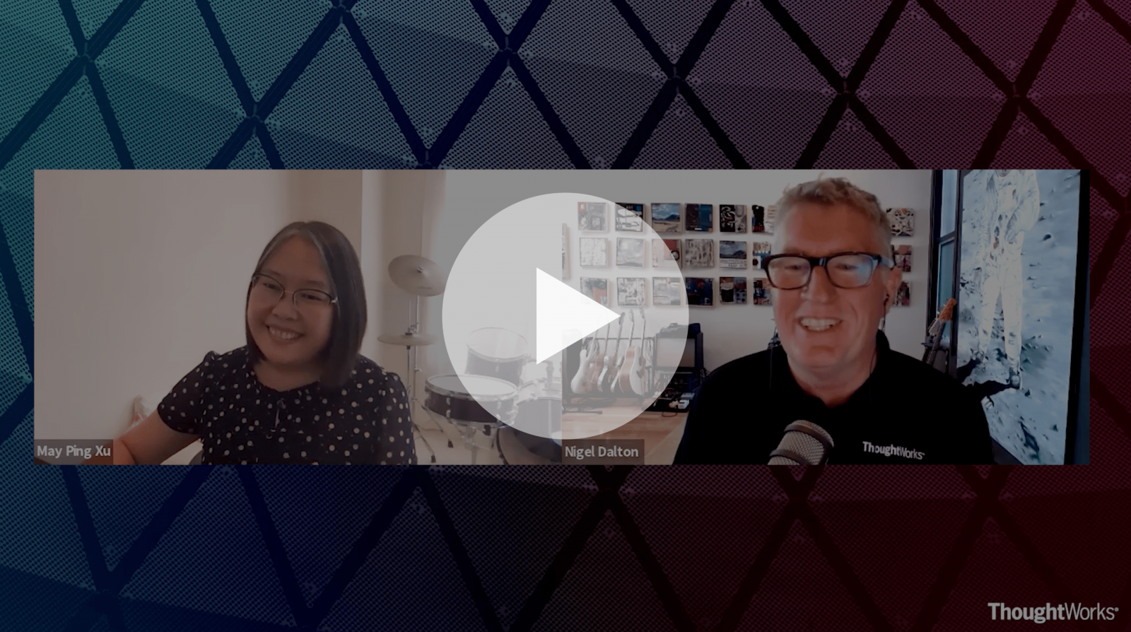 Screenshot of May Ping Xu and Nigel Dalton's video interview with video play button superimposed