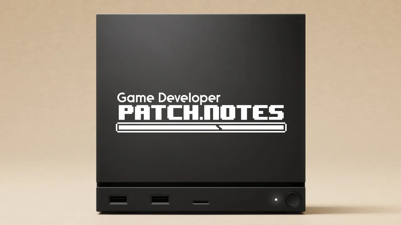 The Patch Notes logo (white) overlaid on an image of the Steam Machine (a small, grey, cuboid console)