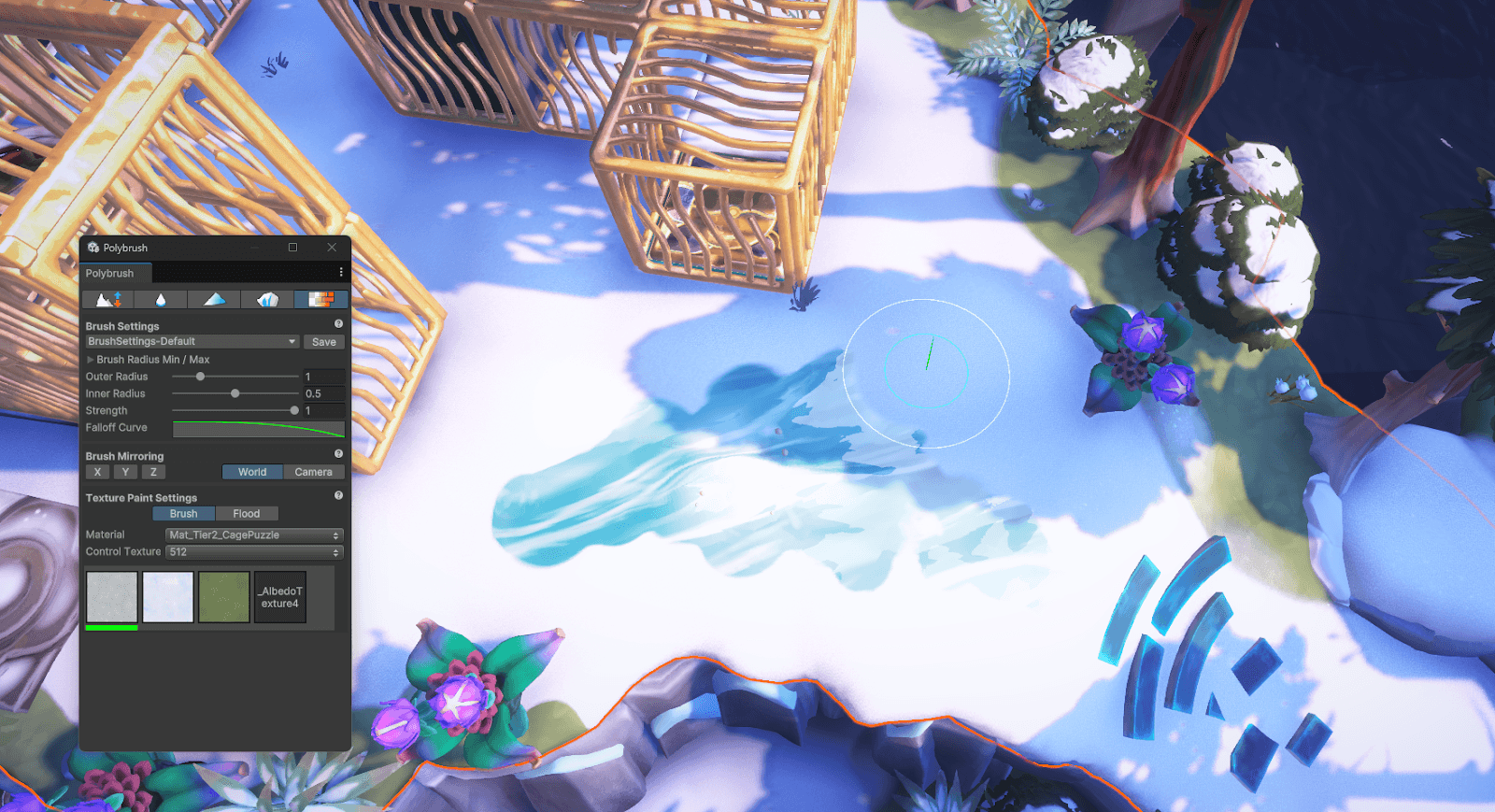 An artist uses Polybrush to paint materials onto terrain meshes in the game environment