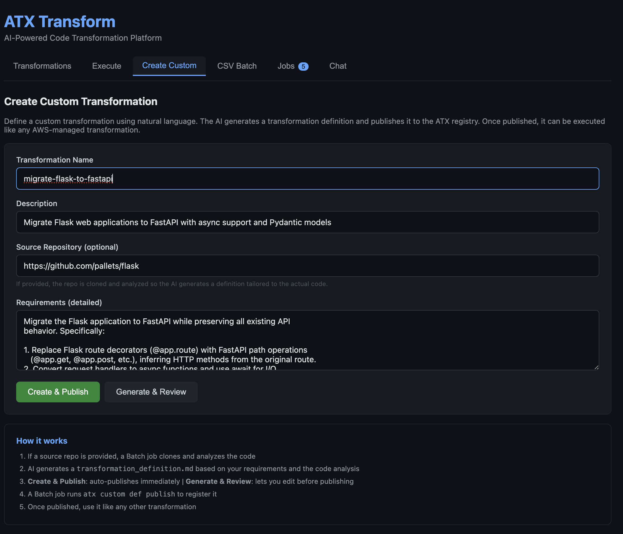 Describing a custom transformation in plain English. The form accepts a name, description, optional reference repository, and natural-language requirements.