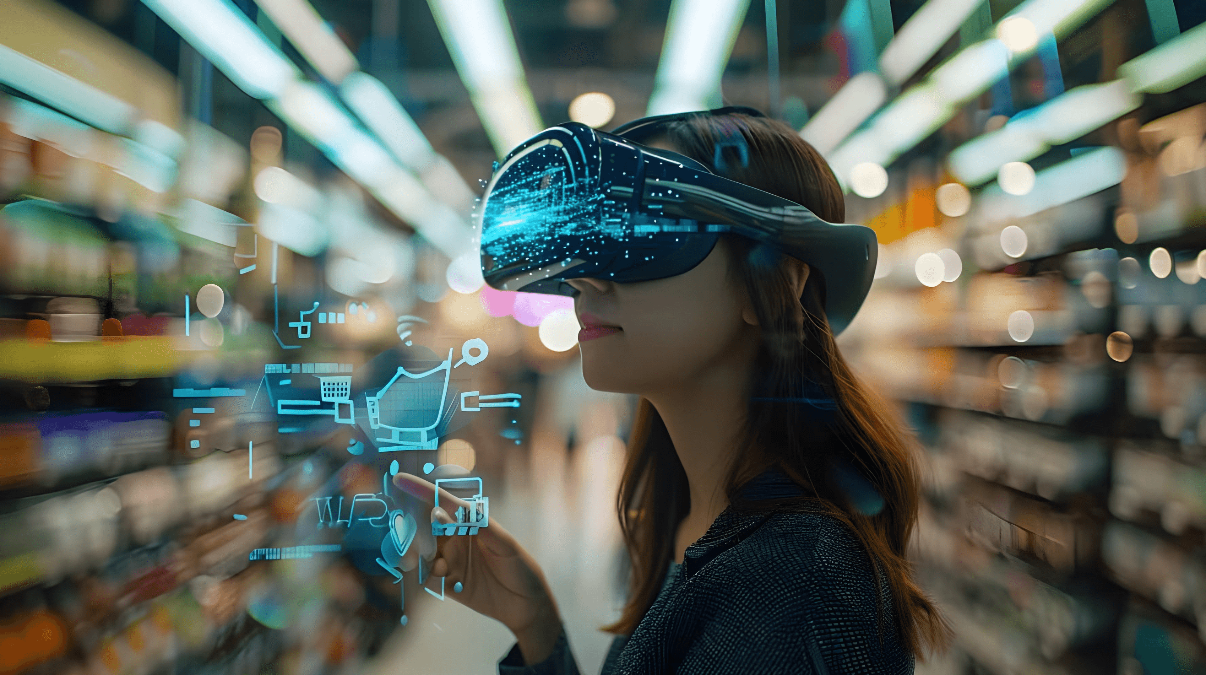 “Retail shopping XR virtual reality woman wearing AR/VR glasses”
