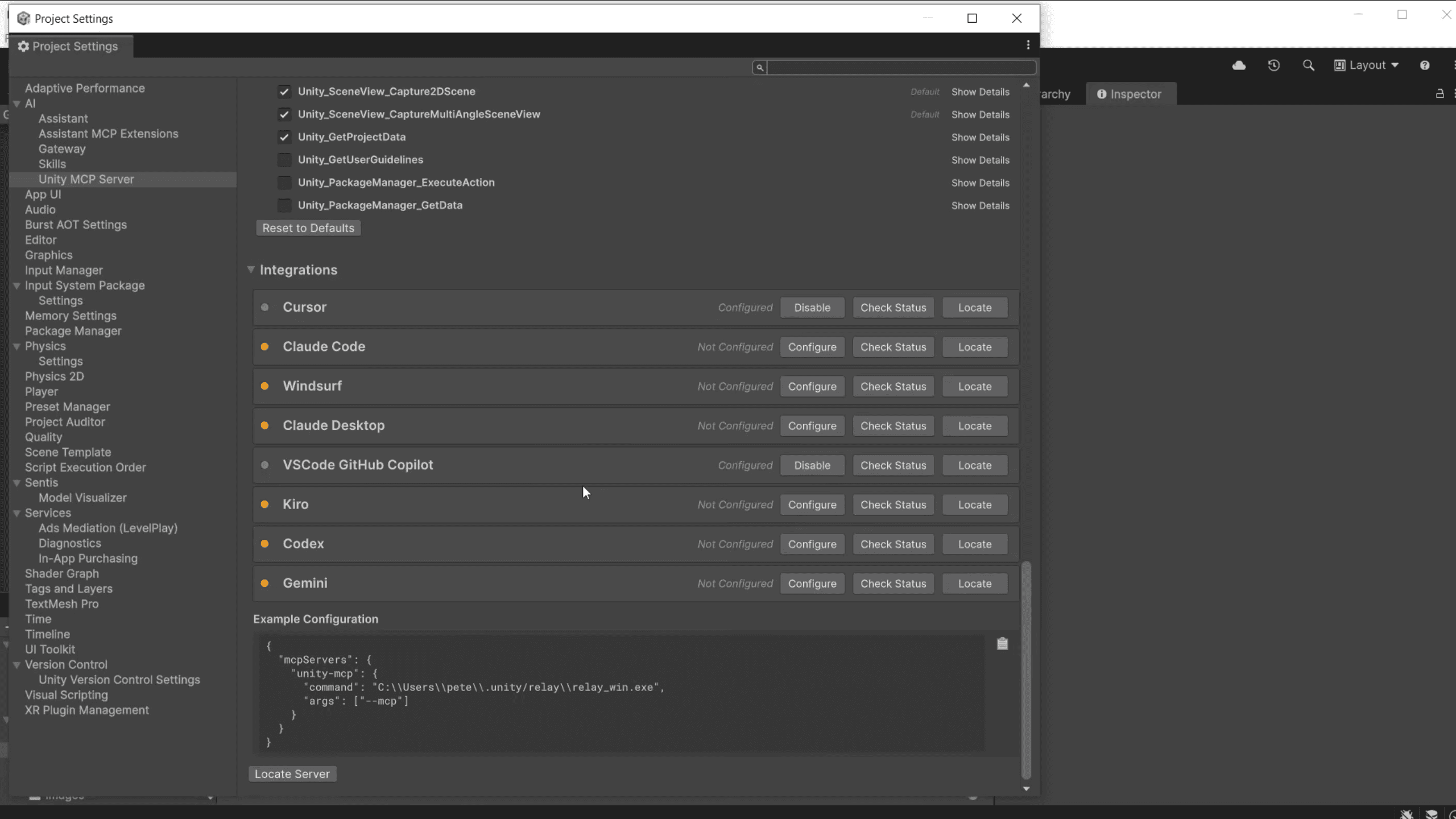 List of Unity MCP Server integrations open in the Unity Editor, including Cursor, Claude Code, Windsurf, Claude Desktop, VSCode GitHub Copilot, Kiro, Codex, and Gemini.