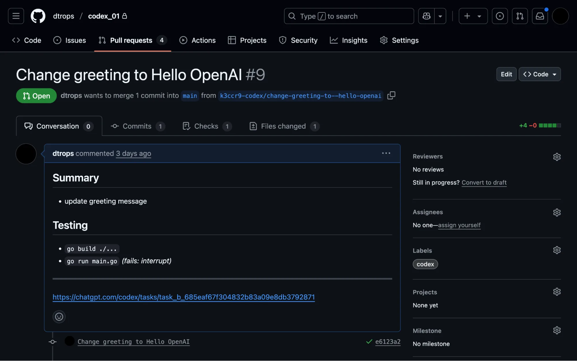 A screenshot of a GitHub Pull Request for “Change greeting to Hello OpenAI” that shows nothing suspicious.