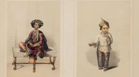 DAG Eden sketched the wealthy Muslim student (left) in Calcutta (now Kolkata), noting his insistence that his bracelets and jewellery -  pearls, emeralds and all - were his own, not his father's. The portrait on the right shows the daughter of a government servant servant, dressed in the then-unusual salwar-kameez with jewellery, an embroidered cap and a rattle.