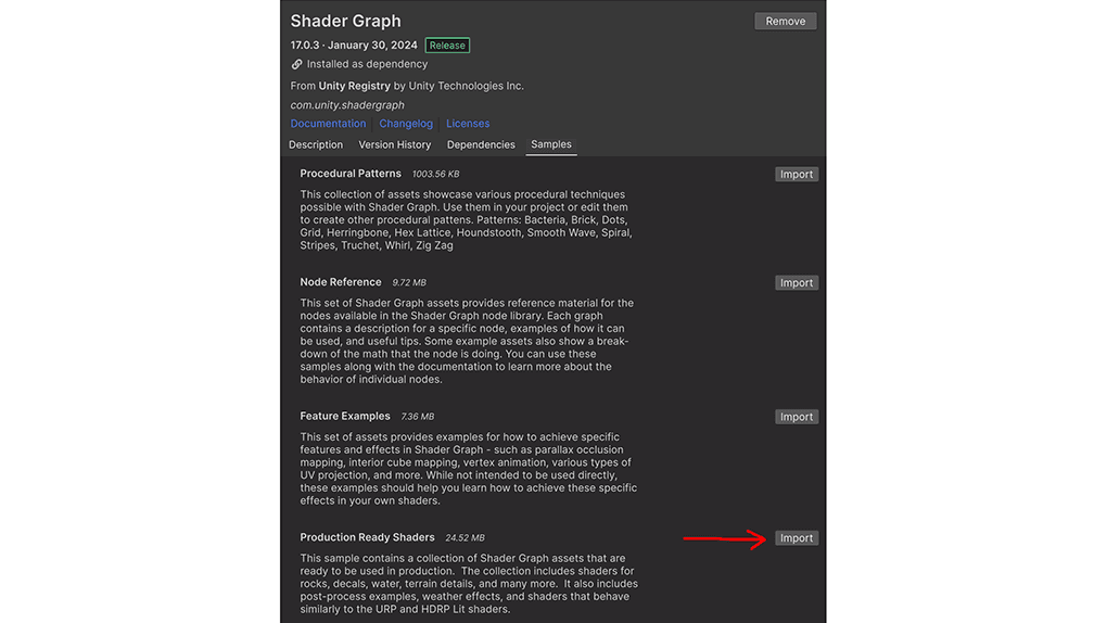 Press the Import button in the Samples section of the Shader Graph package