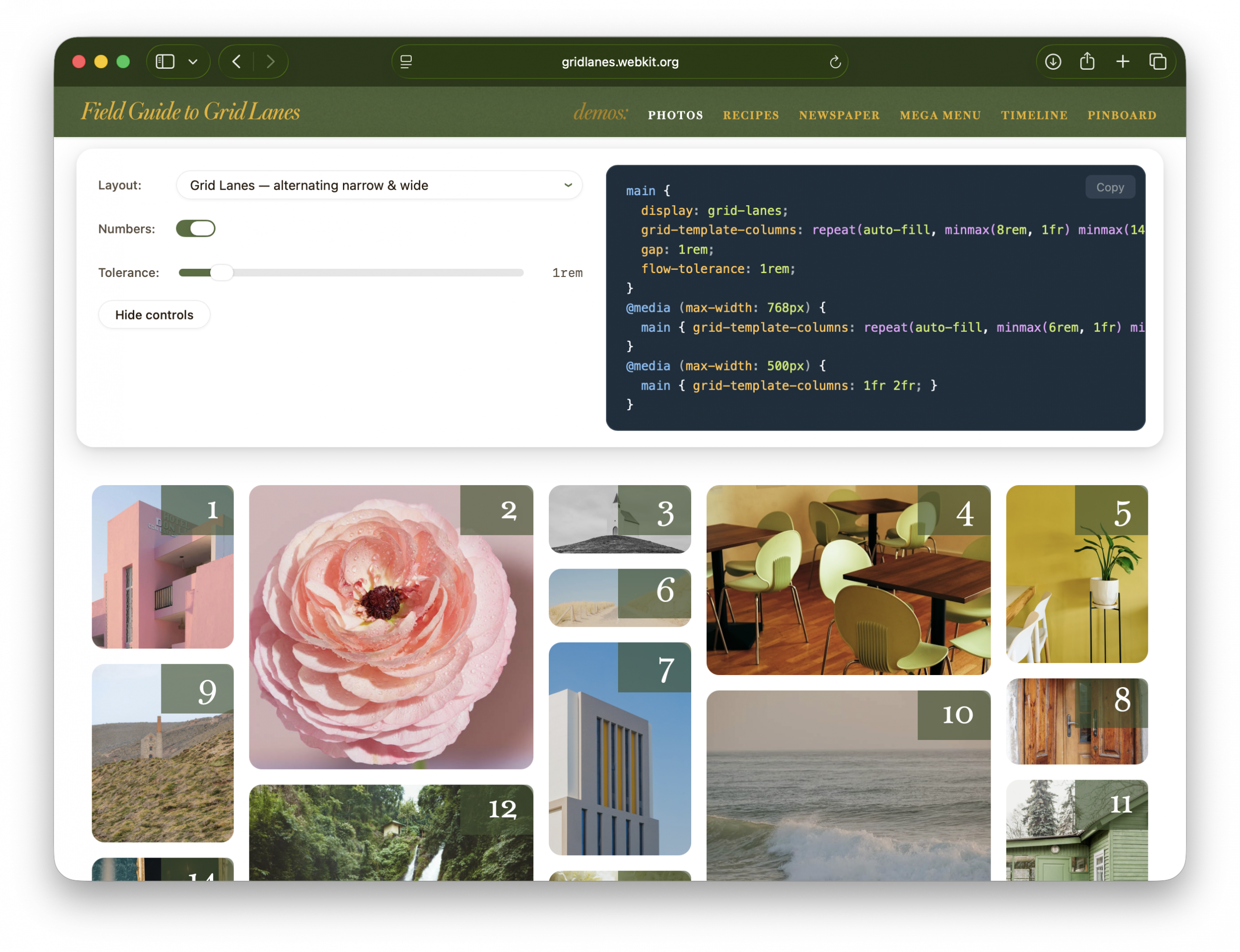 Screenshot of one of the demos, happens to be of photo layout. The controls are showing, as described in the article.