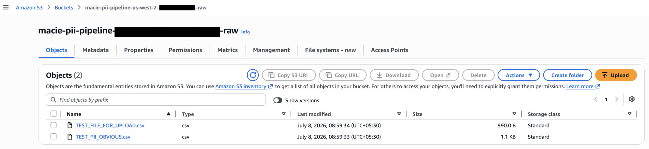 Amazon S3 console showing the test file uploaded to the raw bucket