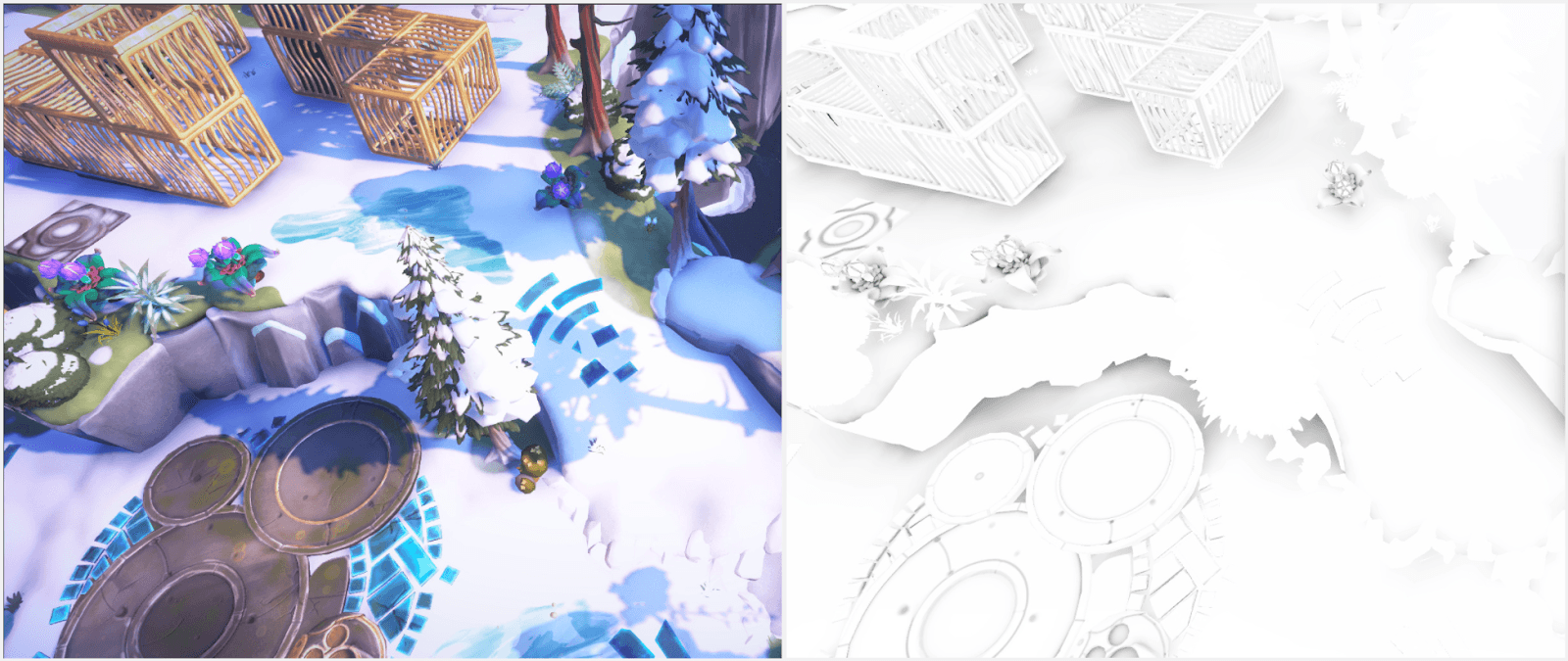 Two side-by-side images show the effect of baking in Ambient Occlusion in a game terrain