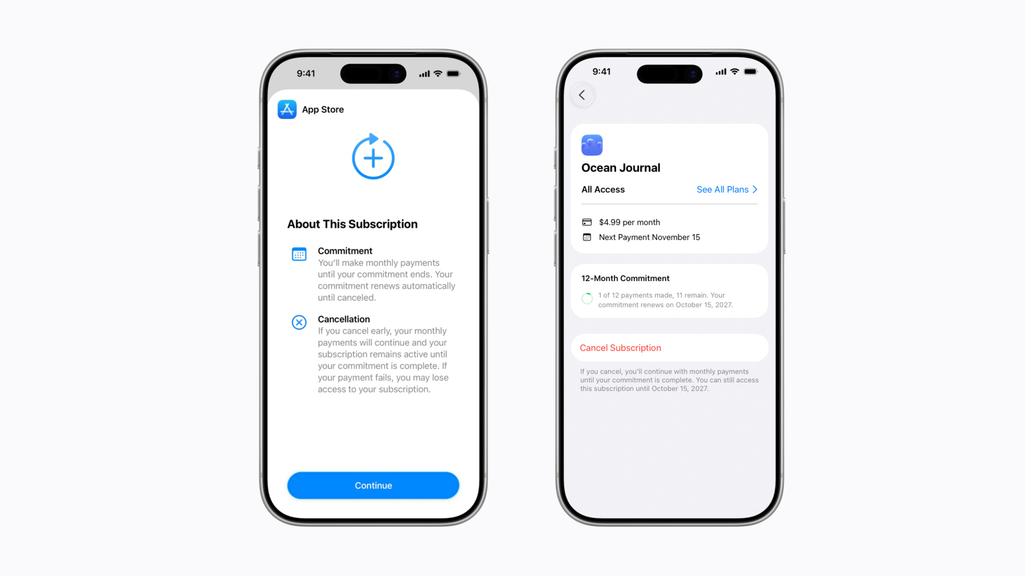 Screens showing monthly subscriptions with a 12-month commitment feature, payment schedule and commitment details for App Store subscriptions.