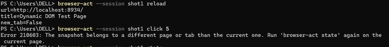 reload, stale click producing Error 210603, fresh state at load 3, then the successful click