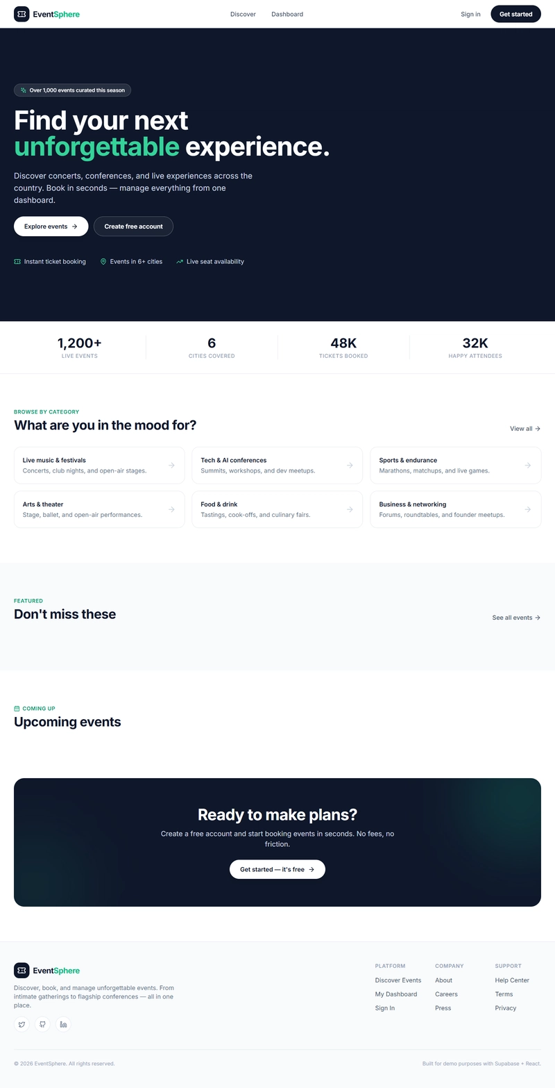 Bolt.new AI building a responsive event management application with landing page, ticket checkout, event discovery, and user dashboard using AI-powered full-stack development