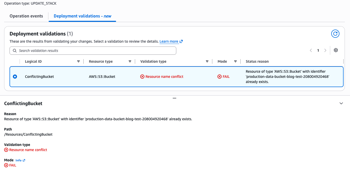 Figure 3 - Resource Name Conflict on UpdateStack Deployment validation