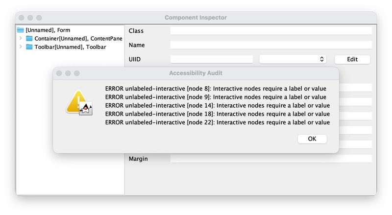 Component Inspector showing an accessibility audit