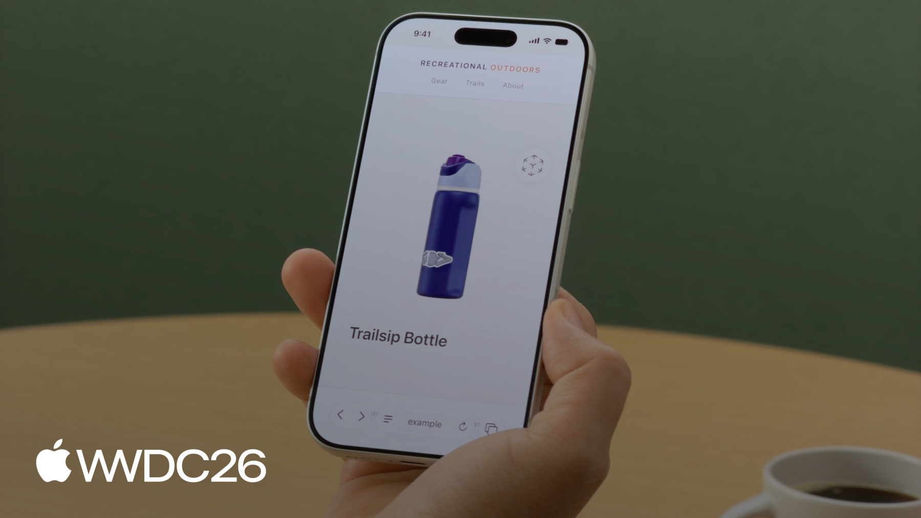 An iPhone with a website for recreational equipment showing a 3D water bottle with an augmented reality QuickLook button
