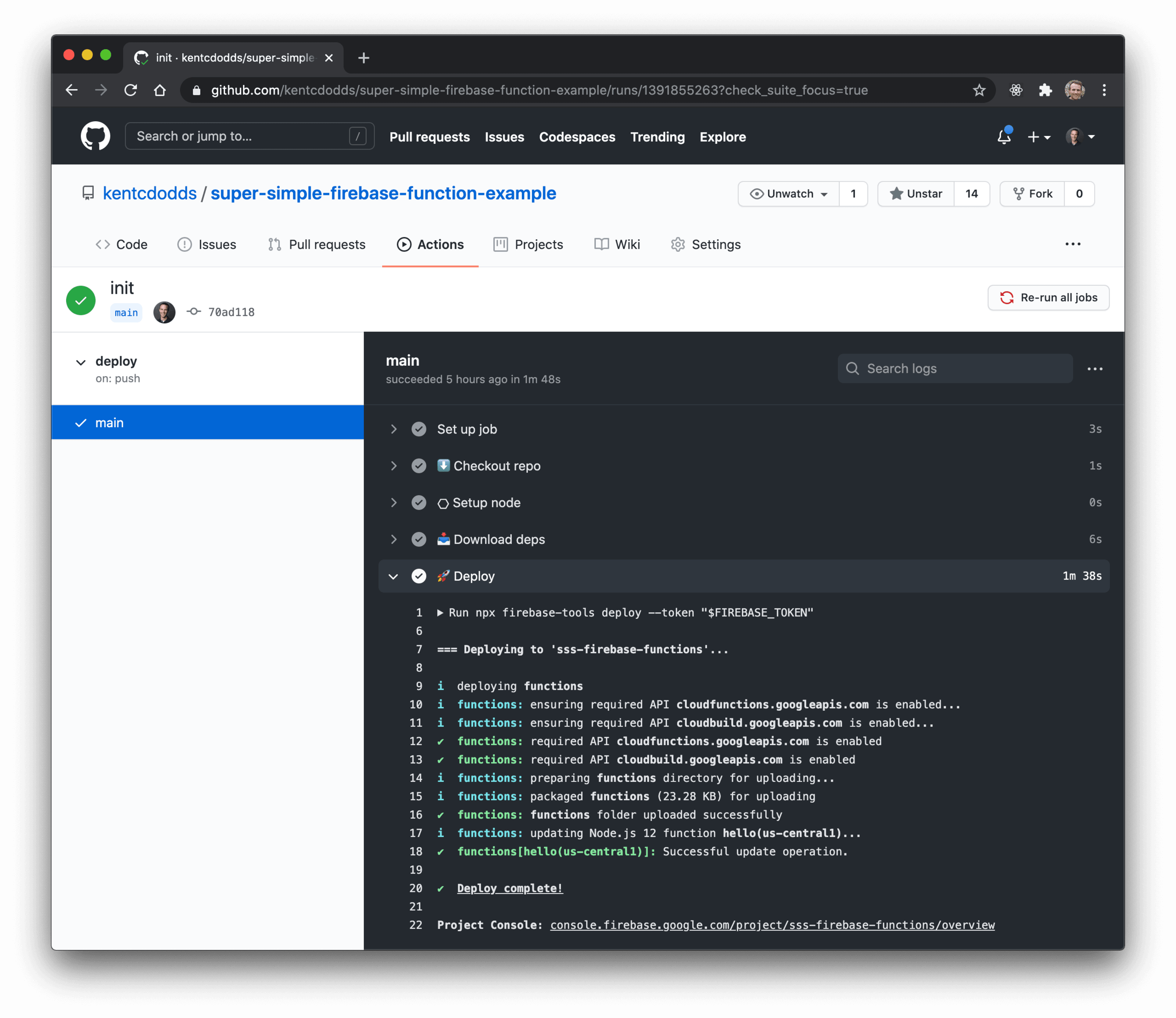 Action output showing the deploy