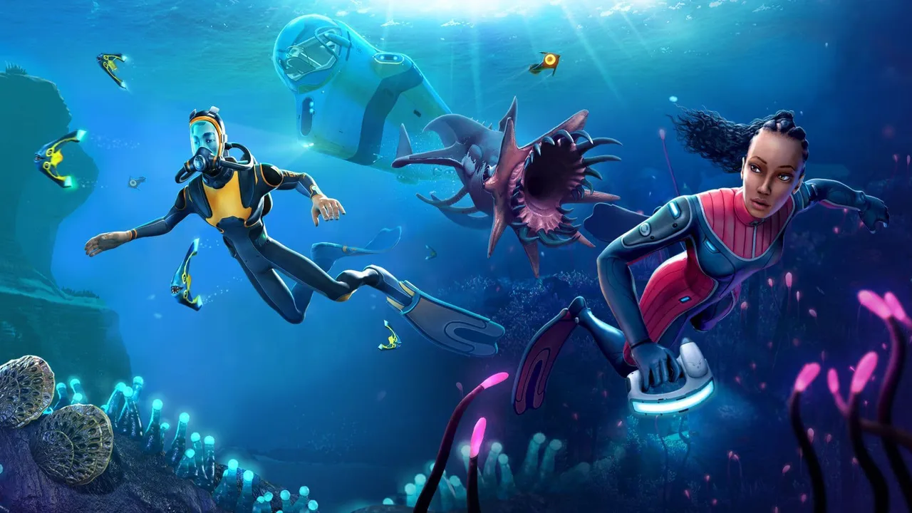 Key art of Subnautica 2, showing multiple characters diving underwater along with sea creatures