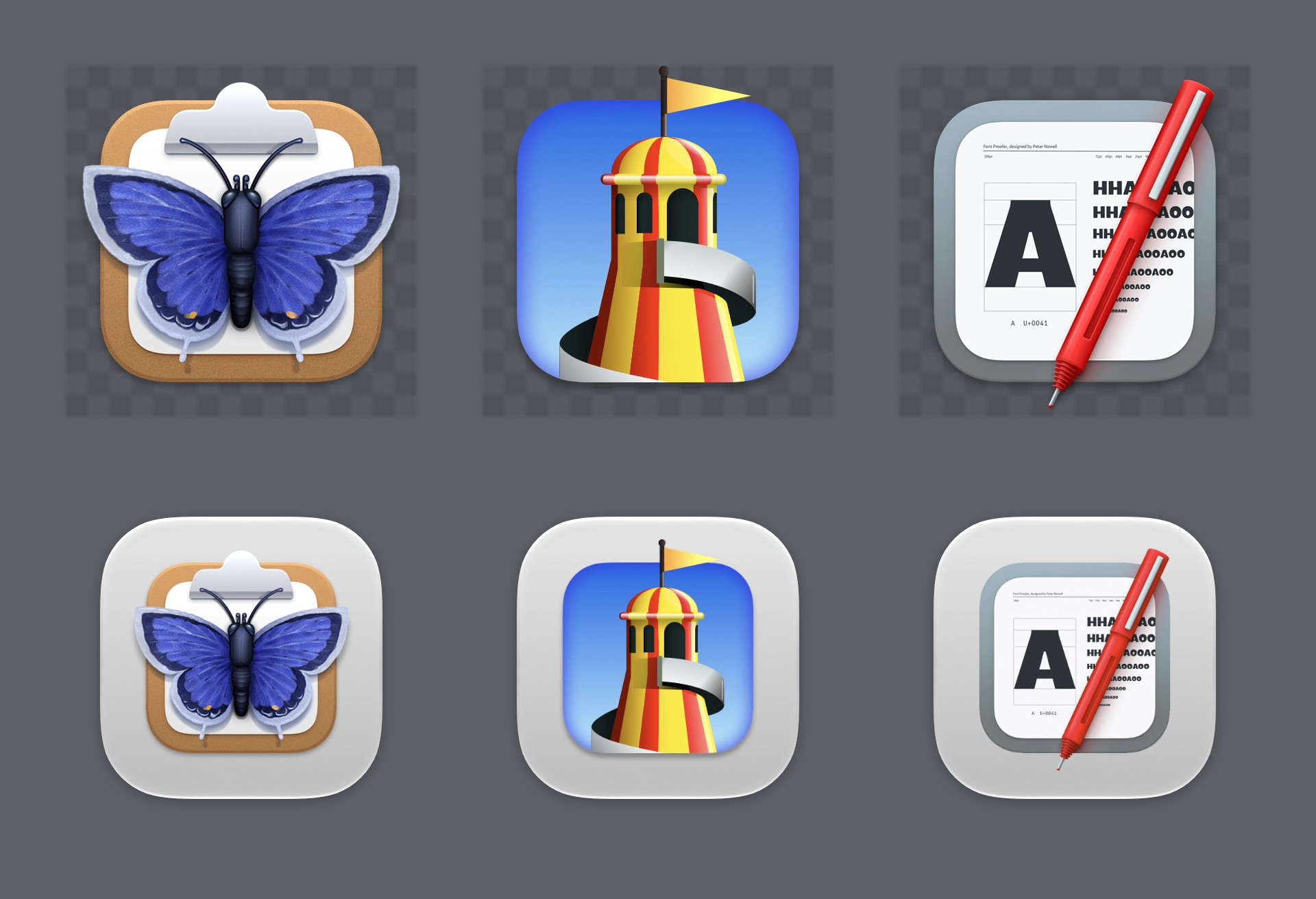 App icons for Tes, OpenRCT2, and Font Proofer compared to their contained versions from macOS 27.