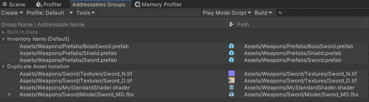 Screenshot of the editor - Addressables Groups