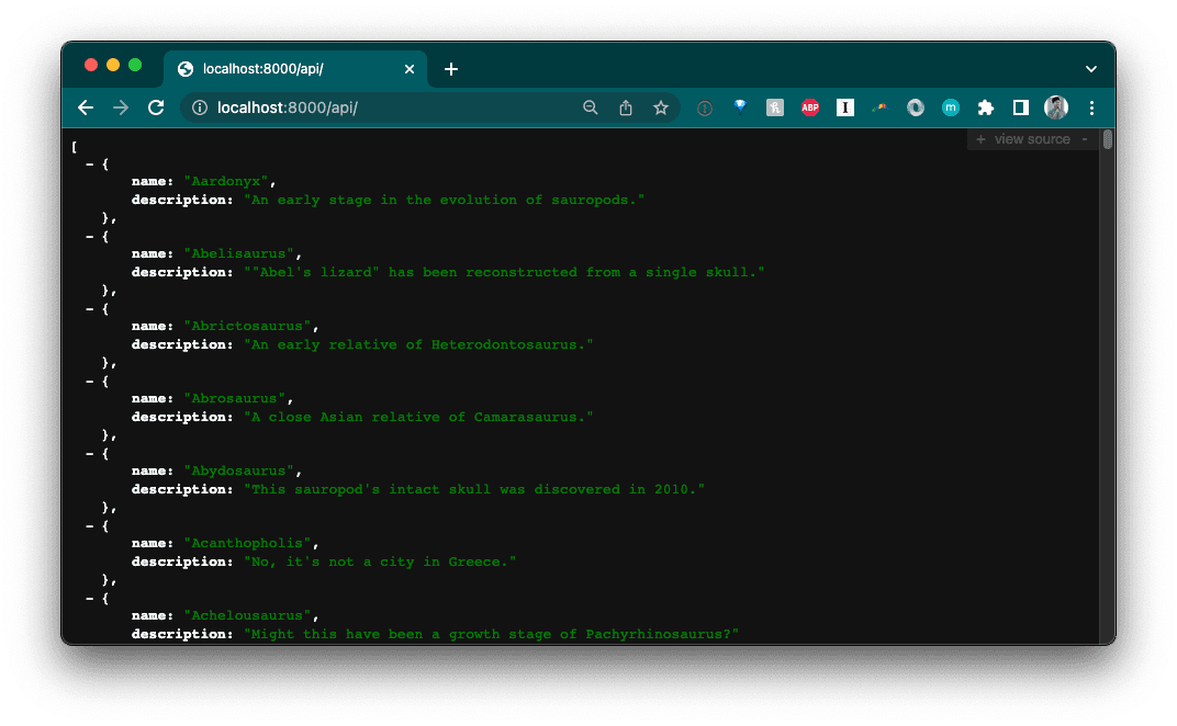 json response of dinosaurs