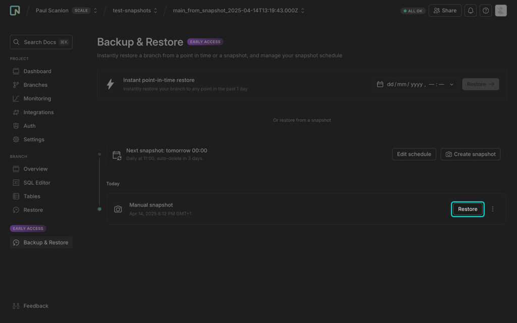 Screenshot of Neon console with Restore button highlighted