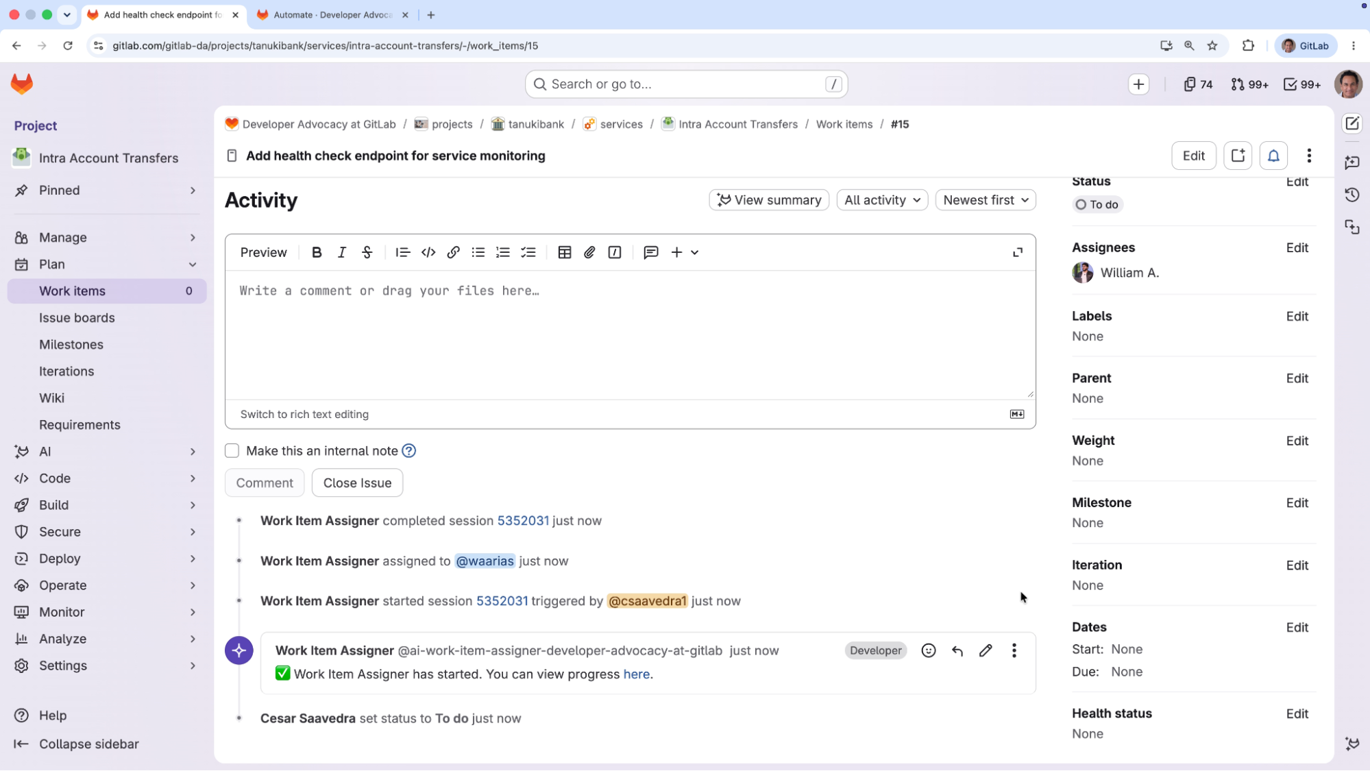 The updated issue showing William as its assignee
