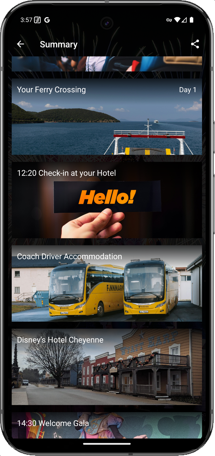 Screenshot of an Android app showing a summary itinerary: times for a 'ferry crossing', 'check in at your hotel', 'coach driver accommodation', 'disney's hotel cheyenne', and 'welcome gala', each with an attractive but generic photo.