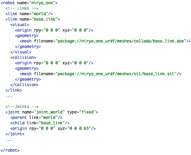 Image shows an excerpt from the URDF file for the Niryo One robot.