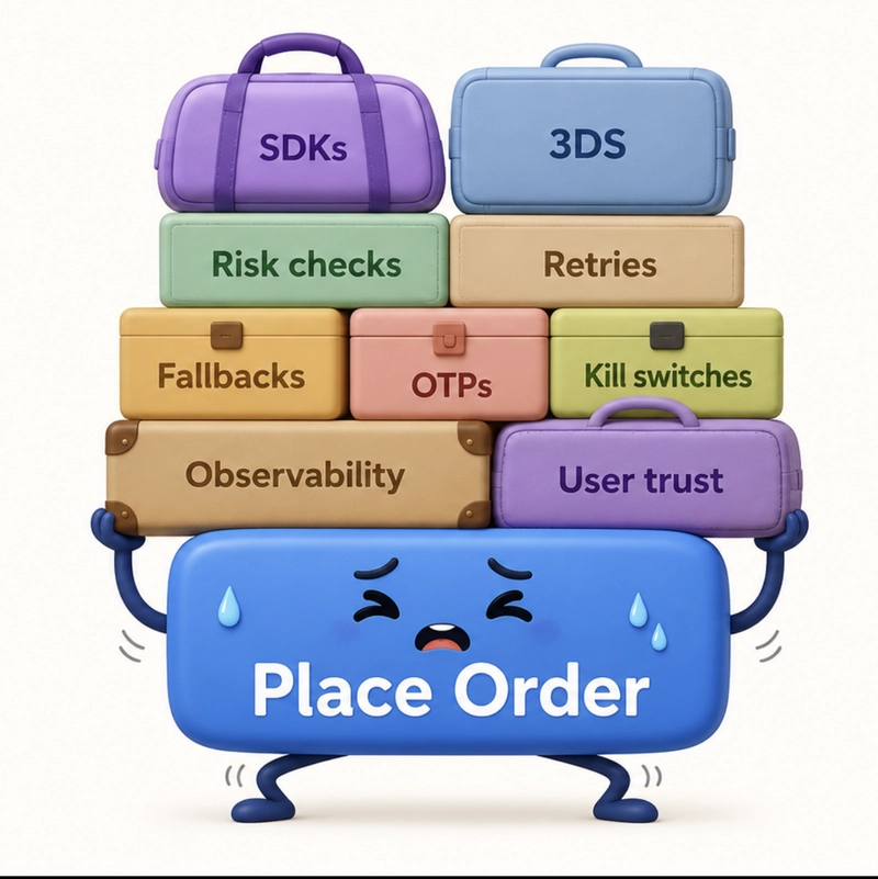 A 3D Place Order button struggling to hold cases labelled SDKs, 3DS, risk checks, retries, fallbacks, OTPs, kill switches, observability, and user trust