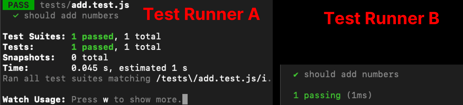 Test runner A takes 45ms, vs test runner B only needing 1ms