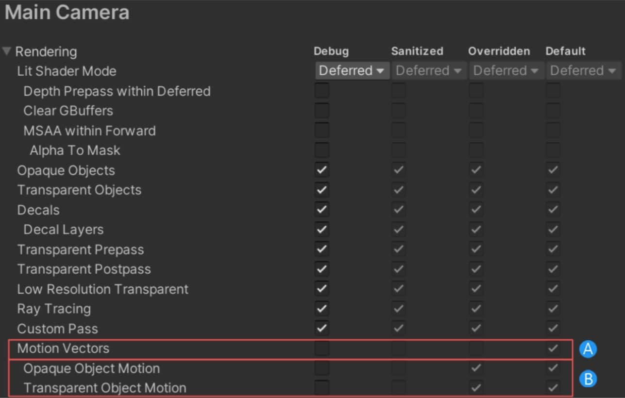 Frame Settings override stack displayed by the Render Pipeline Debug window