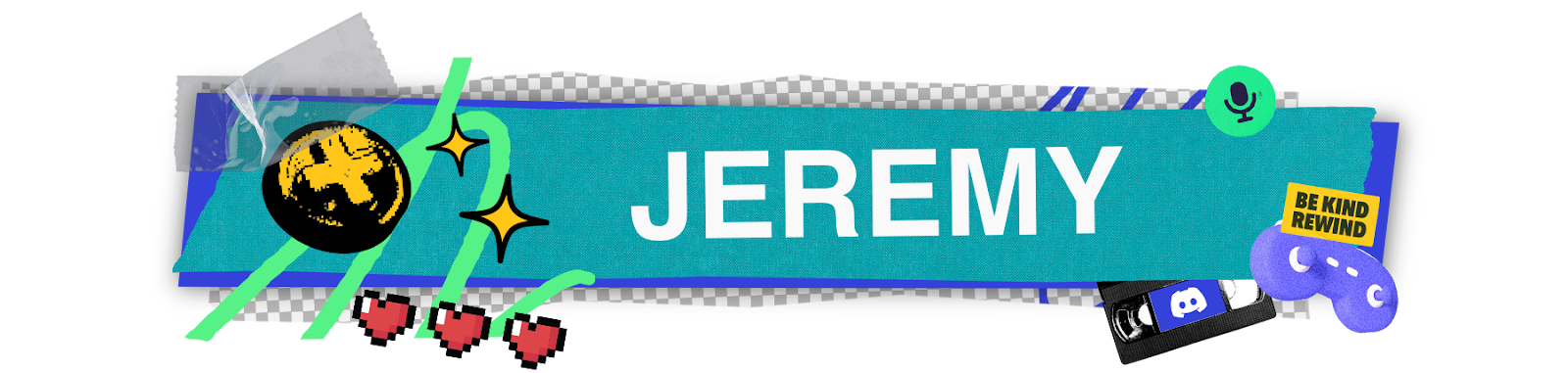 A stylized header that says “Jeremy.” Icons and imagery of gamepads, microphone icons, VHS tapes, and in-app Activity statuses.
